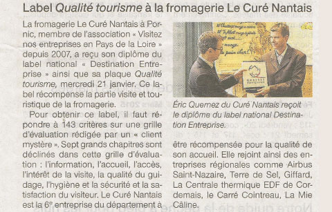 Article ouest france label qualité tourisme fromage curé nantais